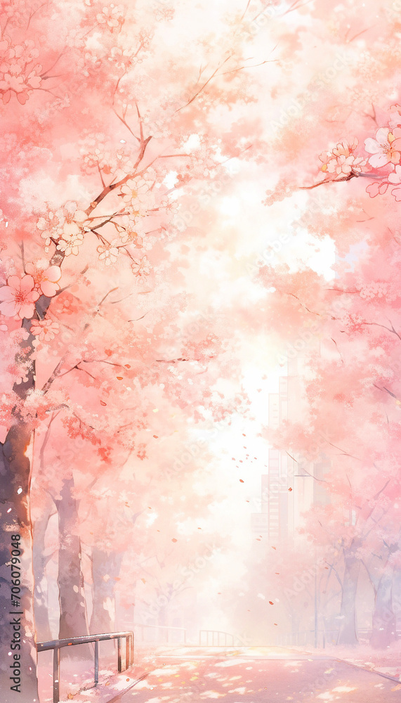 公園の中の桜並木の水彩画　AI画像