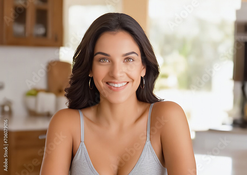 Free Download Latin woman in a simple kitchen. Artificial image representing typical environments of Latin America and Brazil. AI generated image. - GFXLoad