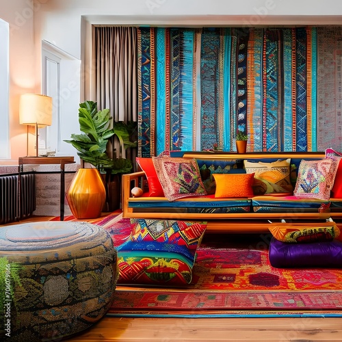 A bohemian-inspired living space with floor cushions, tapestries, and vibrant colors1 © ja