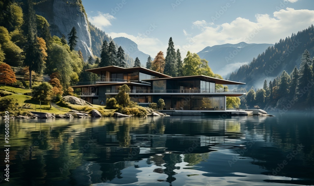 Fototapeta premium Exterior of a modern futuristic house near a lake in Switzerland with a peaceful landscape