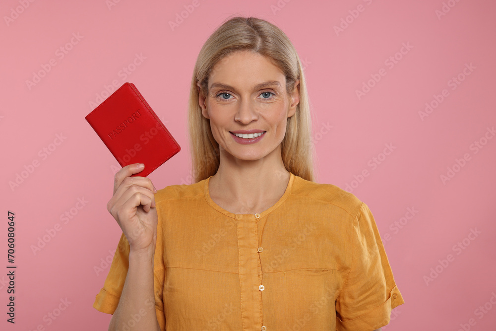 Immigration. Happy woman with passport on background Immigration. Happy woman with passport on background