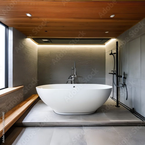 A serene and minimalist bathroom with a Japanese soaking tub4