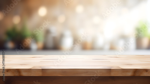 Empty beautiful wood table top counter and blur bokeh modern kitchen interior background in clean and bright,Banner, Ready for product montage. Generative AI illustration photo