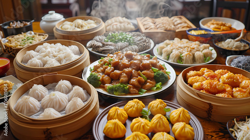 table full of mouth-watering Chinese specialties photo