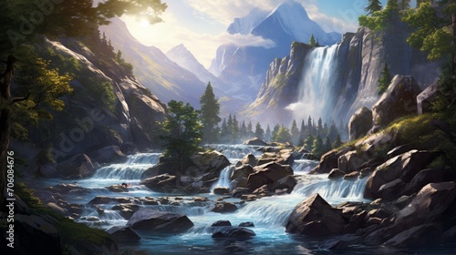 Sunlight dappling a pristine waterfall, highlighting the glistening water as it descends from a mountainous terrain.