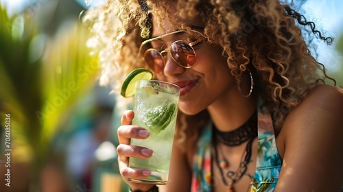 Young Woman Drinking Refreshing Mint Mojito In The Sunlight. (Generative AI).