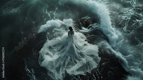 Woman In A Wedding Dress Lost In The Open Ocean. (Generative AI).