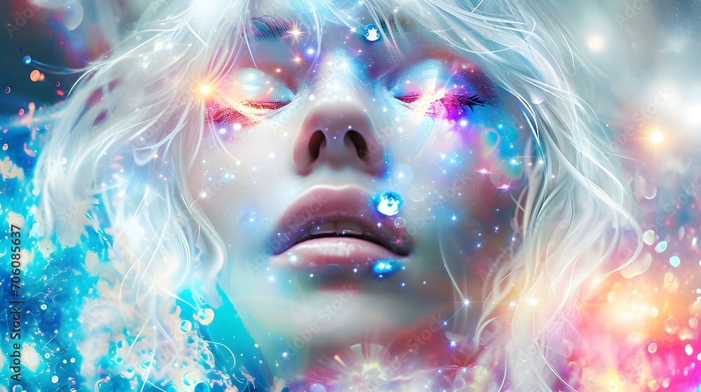 Shining Radiant Young Woman With Light Refracting, Bright Abstract Fashion. (Generative AI). Shining Radiant Young Woman With Light Refracting, Bright Abstract Fashion. (Generative AI).