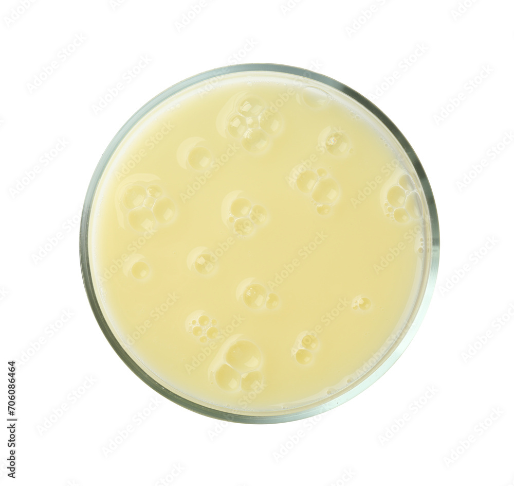 Petri dish with yellow liquid sample on white background, top view