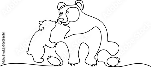 Continuous one line drawing. Bear with baby cub. Vector illustration