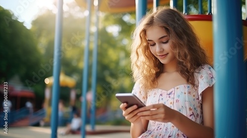 Young Woman Using Smartphone at a Colorful Playground on a Sunny Day