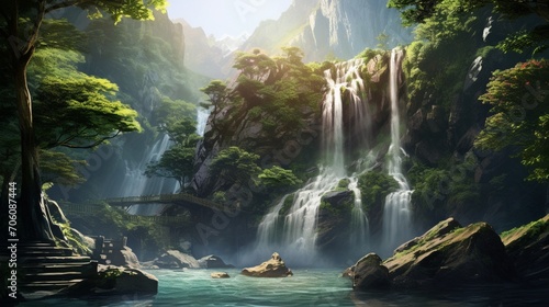 Sunlight dappling a pristine waterfall, highlighting the glistening water as it descends from a mountainous terrain.