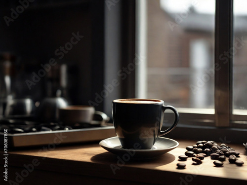Cup of coffee on wooden table with coffee beans on window background. Created using generative AI tools