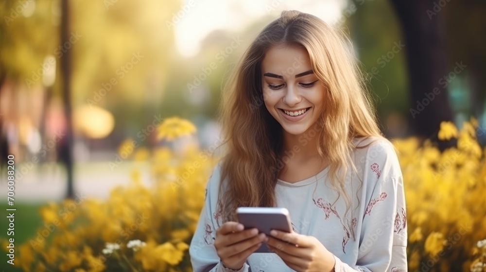 Smiling Young Woman Using Smartphone in Sunny Park During Autumn Season Smiling Young Woman Using Smartphone in Sunny Park During Autumn Season
