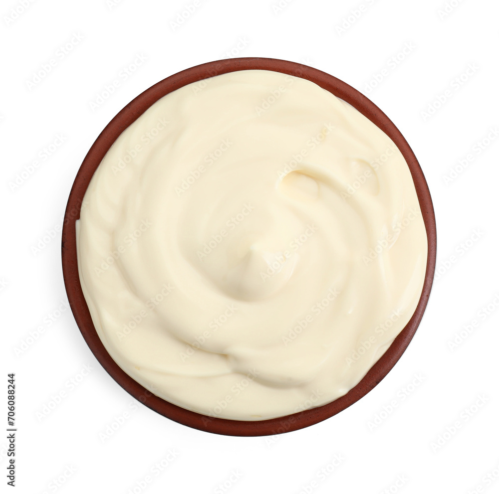 Fresh mayonnaise sauce in bowl isolated on white, top view Fresh mayonnaise sauce in bowl isolated on white, top view