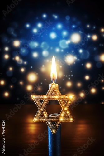 Illuminated Star of David Candle Against a Festive Bokeh Background © Olga