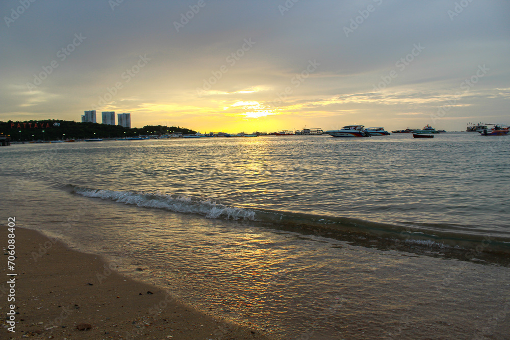 Beaches in Asia, Thailand, Pattaya, the sea at the time of sunset on the beach