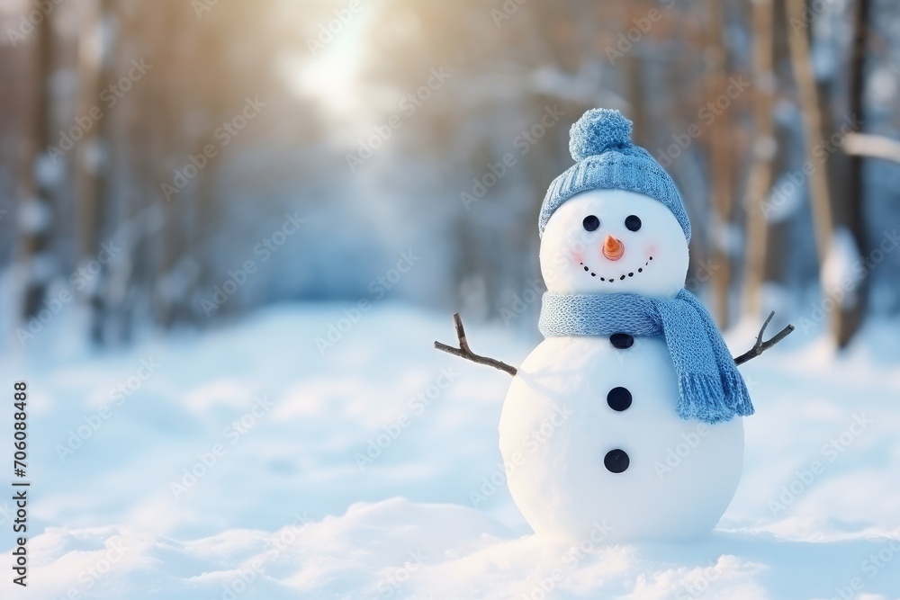 Charming Handmade Snowman Dressed in a Hat and Scarf Enjoying a Snowy Winter Day