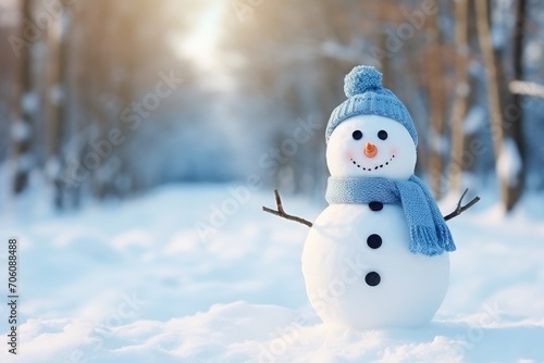 Charming Handmade Snowman Dressed in a Hat and Scarf Enjoying a Snowy Winter Day © Olga