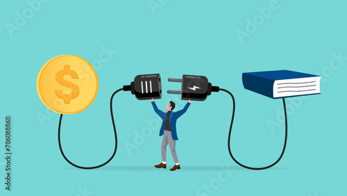 exchanging money with book to get knowledge to achieve target or goal, businessman connect plug with money book concept vector illustration with flat style design