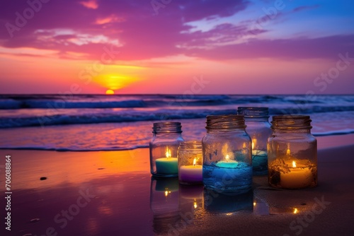 Colorful Candles in Glass Jars Lining the Beach Shore at Sunset