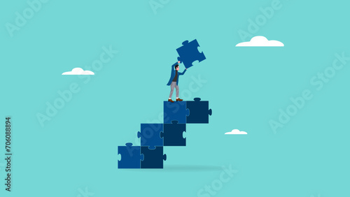 success step to achieve business goal, Business goals as profit target achievement process, the way to achieve goal, management or strategy to achieve target, businessman making ladder from puzzle