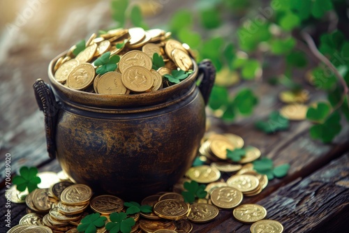 Pot of gold coins and Green Four Leaf Clovers Saint Patrick's Day theme