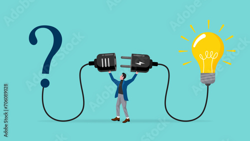 answer and solution, solving problems or solutions in business, businessman connect plug with light bulb idea to question mark symbol concept vector illustration with flat style design