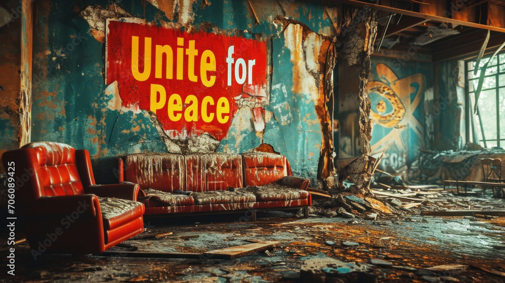 A worn-out 'Unite for Peace' sign hangs in a decrepit room, its colors a contrast to the surrounding decay, urging togetherness. A worn-out 'Unite for Peace' sign hangs in a decrepit room, its colors a contrast to the surrounding decay, urging togetherness.