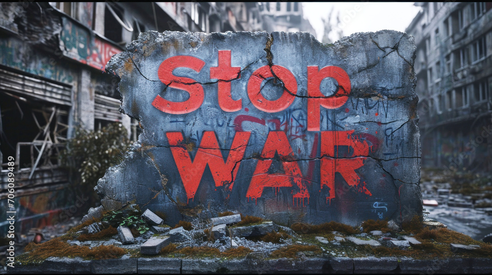 Naklejka premium Red 'Stop War' letters are spray-painted onto a dilapidated building, standing out in a call for peace amidst the ruins.