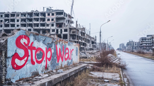  Graffiti on a desolate structure spells out 'Stop War', a red and white plea against the backdrop of a cold, abandoned construction site.