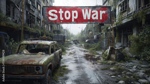 A 'Stop War' sign suspended over a desolate street and rusted car invokes a powerful call for peace in a once-bustling city.