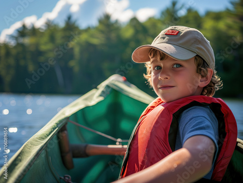 A boy in a cap and life jacket sails a green boat among the trees on a sunny summer day