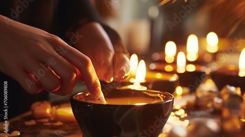 Closeup of a candle makers hands gently dipping a wick into a pot of melted wax, creating a new candle. photo