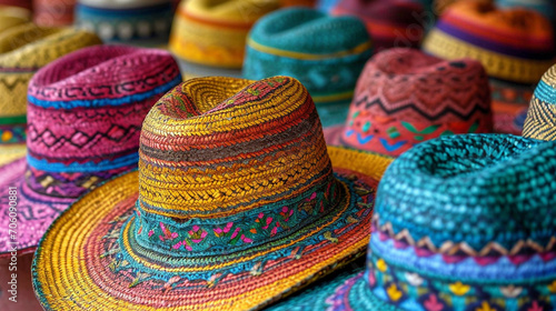collection of colourful straw hats, Mexico, Sombrero traditional hat