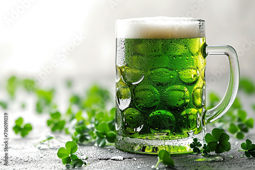 St. Patrick's Day Green Beer pint glass over white background, with shamrock leaves, saint of ireland