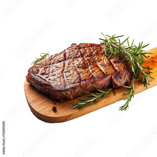 grilled steak with rosemary and spices on transparent background