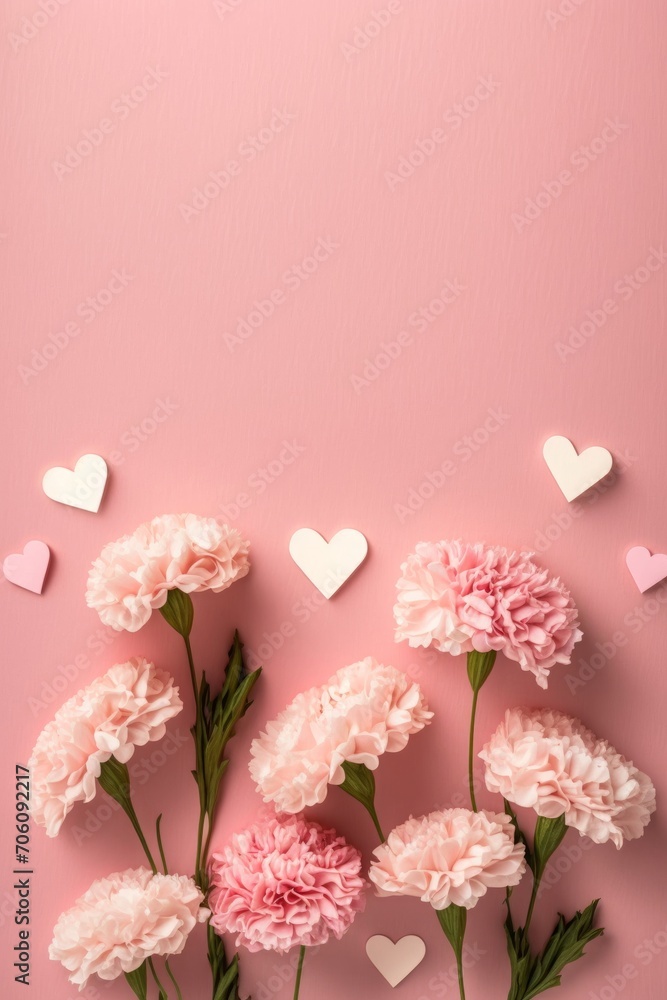 Mother's day concept. Top vertical view flat lay of beautiful carnation flowers pink paper hearts on pastel pink background with empty space for text or advert Perfect for mother's day, Generative AI