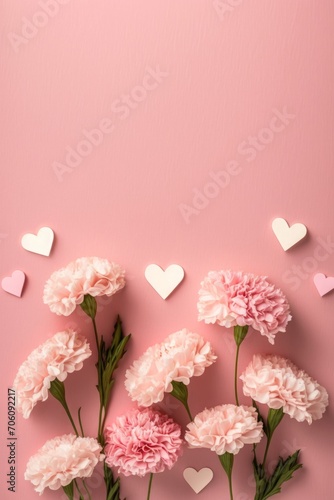 Mother's day concept. Top vertical view flat lay of beautiful carnation flowers pink paper hearts on pastel pink background with empty space for text or advert Perfect for mother's day, Generative AI 