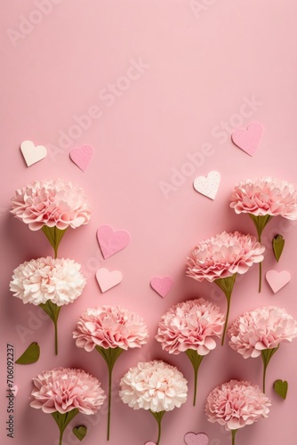 Mother s day concept. Top vertical view flat lay of beautiful carnation flowers pink paper hearts on pastel pink background with empty space for text or advert Perfect for mother s day  Generative AI 
