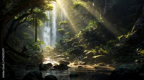 Sunlight filtering through dense trees  illuminating a cascading waterfall in a tranquil forest setting.