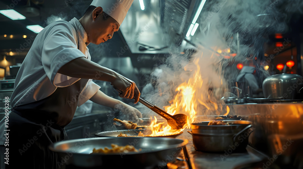 a chef busy cooking typical Chinese dishes - obrazy, fototapety, plakaty 
