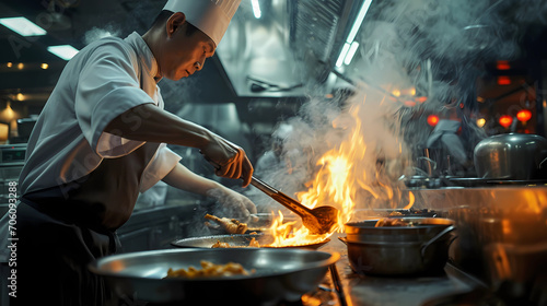 a chef busy cooking typical Chinese dishes photo