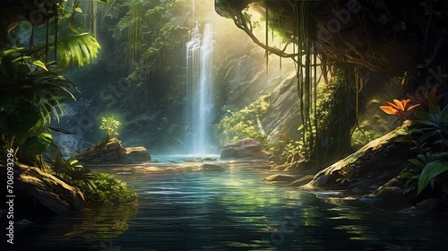 Sunlight filtering through the foliage, illuminating a hidden waterfall as it gracefully flows into a serene pool below.