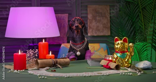 Dachshund in office of fortune teller sitting at table with magical objects. Dog in cartomancy magic room dressed in accessories waits for client photo