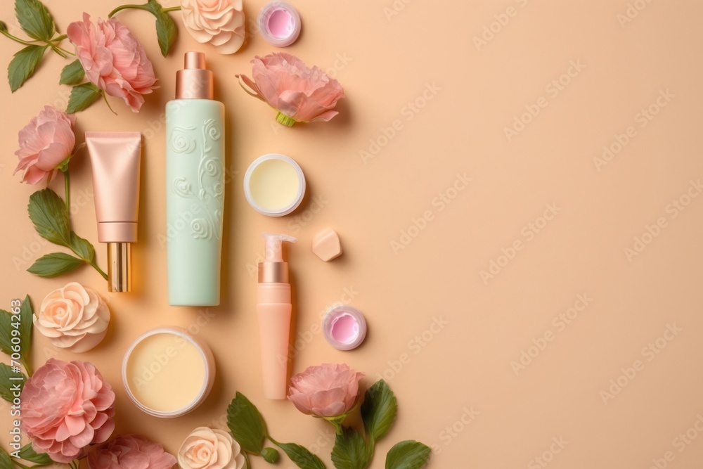 Stylish beauty ritual concept. Top view flat lay of trendy serum pump bottles, tube, jade roller, and rose flowers on a pastel beige background with an empty space for copy space, Generative AI 