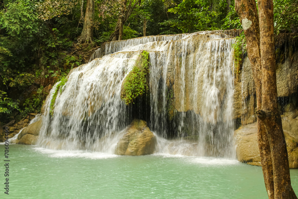 Obraz premium Waterfall in forest at Erawan waterfall National Park, Kanchanaburi, Thailand