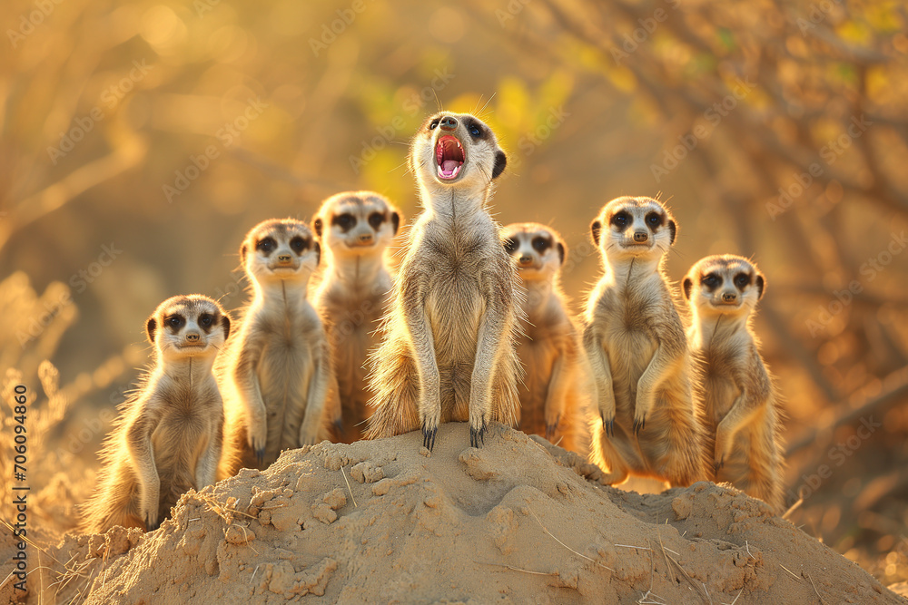 A group of meerkats stands attentively on a sandy mound in the warm glow of the sunrise, with one meerkat appearing to yawn. A group of meerkats stands attentively on a sandy mound in the warm glow of the sunrise, with one meerkat appearing to yawn.