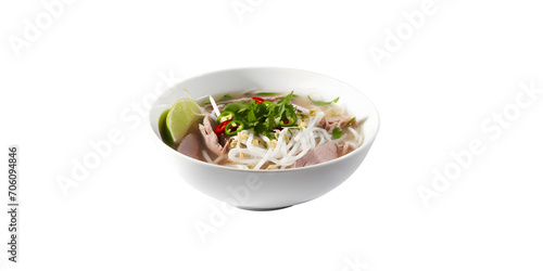 side view of Traditional Vietnamese beef soup pho fill in the bowl garnish with onion and green leaves topping in white bowl with aesthetic background