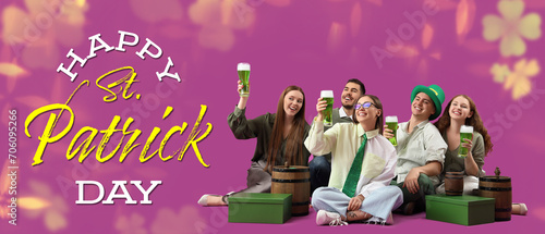 Greeting banner for St. Patrick's Day with young people drinking green beer